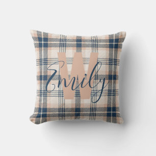Modern Tartan Blue Cream Monogram Cushion