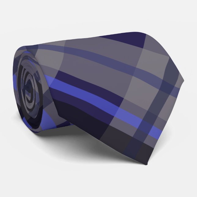 Modern Tartan Blue Grey Black Pattern Tie (Rolled)