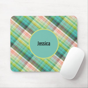 Modern Tartan Green Tan Plaid Monogram Mouse Mat
