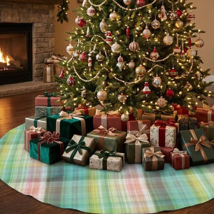 Modern Tartan Green Tan Plaid Pattern. Brushed Polyester Tree Skirt