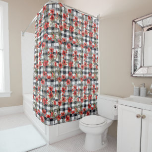 Modern Tartan Grey Floral Pattern Shower Curtain