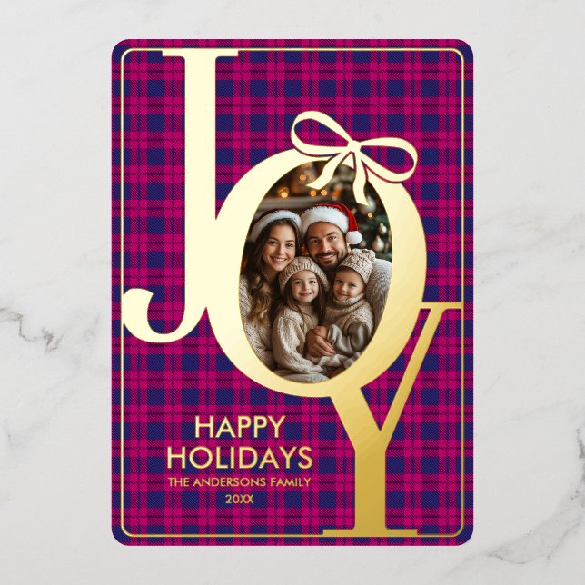 Modern Tartan Plaid Christmas Pink Blue Foil Holiday Card (Front)