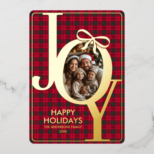 Modern Tartan Plaid Christmas Red Green Foil Holiday Card (Front)