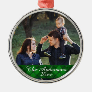 Modern Tartan Plaid Custom Family Photo Silver Metal Tree Decoration