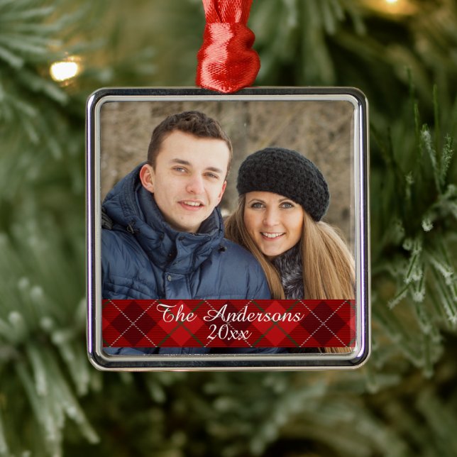 Modern Tartan Plaid Custom Photo Silver Metal Tree Decoration (Tree)