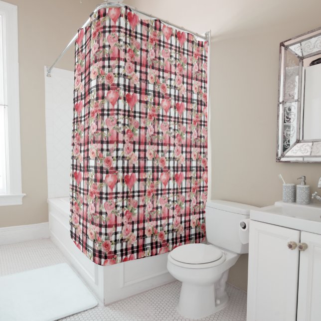 Modern Tartan Red Floral Pattern   Shower Curtain (In Situ)
