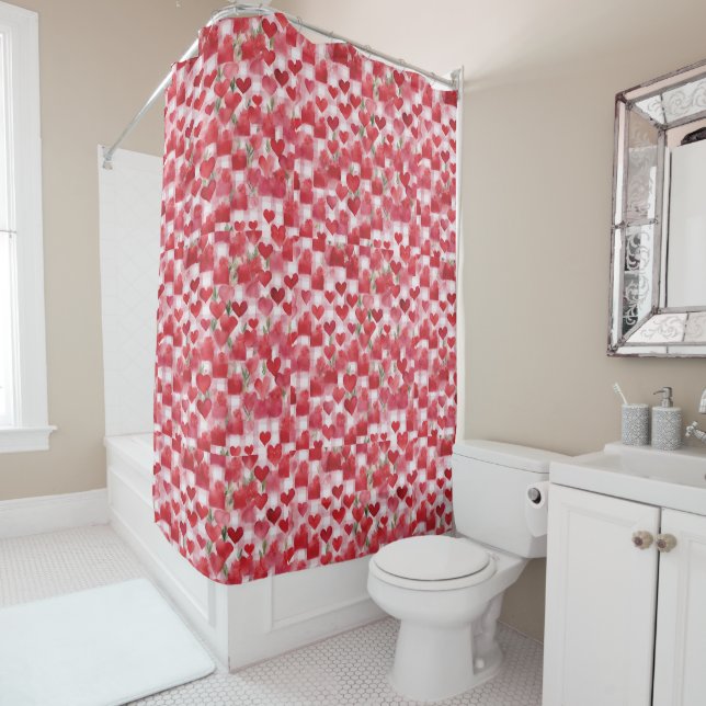 Modern Tartan Red Floral Pattern   Shower Curtain (In Situ)