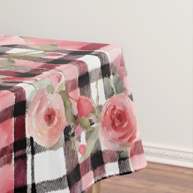 Modern Tartan Red Floral Pattern   Tablecloth (In Situ)