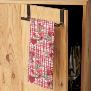Modern Tartan Red Floral Pattern Tea Towel