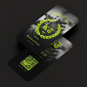 Modern Tattoo Artist BW Photo Lime Green Wreath Business Card