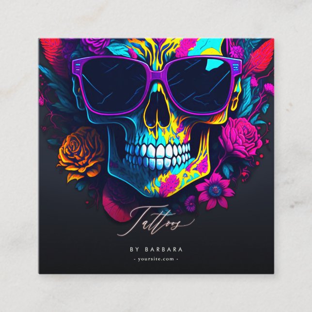 Modern Tattoo Artist Gold Script Blue Pink Purple Square Business Card (Front)