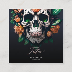 Modern Tattoo Artist Red Roses Skull Green Square Business Card
