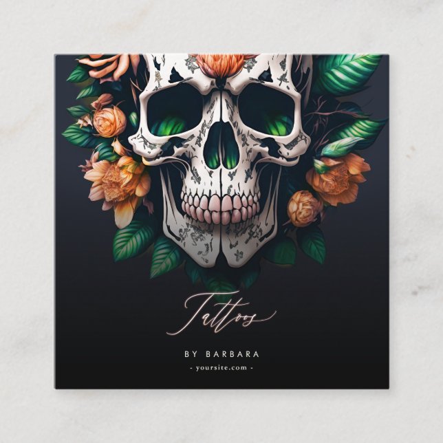 Modern Tattoo Artist Red Roses Skull Green Square Business Card (Front)