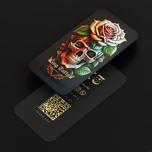 Modern Tattoo Artist Skull Monogram Black Gold Business Card