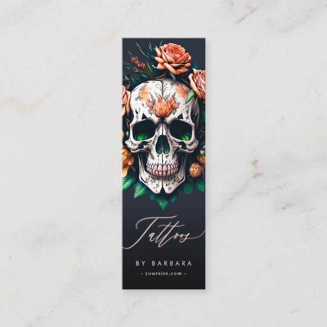 Modern Tattoo Artist Skull Roses Black Mini Business Card (Front)