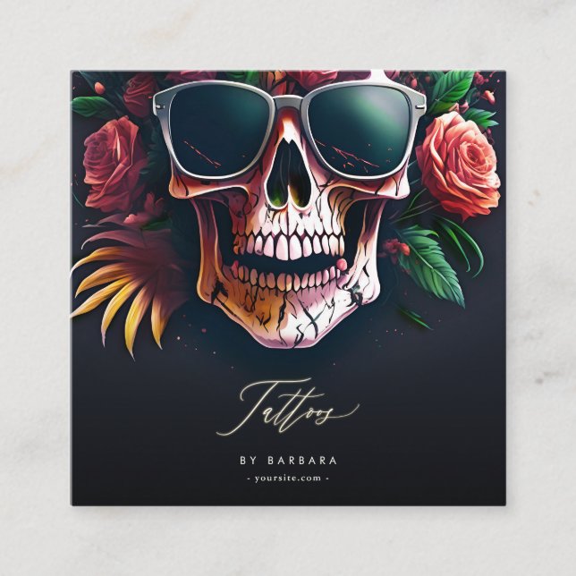 Modern Tattoo Artist Skull Roses Sunglasses Square Business Card (Front)