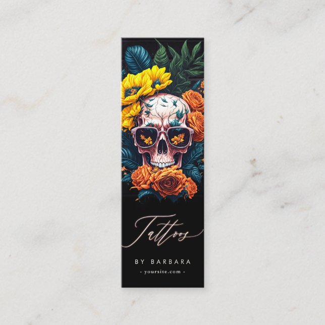 Modern Tattoo Artist Skull Sunflower Orange Roses Mini Business Card (Front)