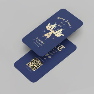 Modern Tattoo Artist Tattoo Shop Gold Blue QR Business Card