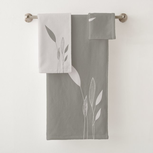 Modern Taupe and Tan Tall Leaves Bath Towel Set (Insitu)