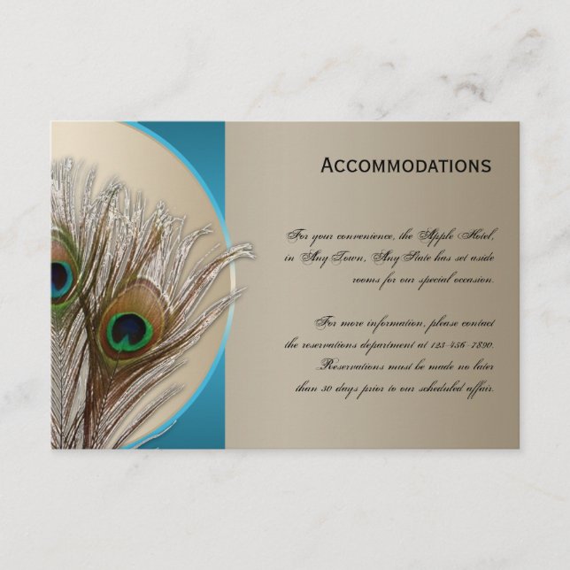 Modern Taupe Aqua Peacock Accomodations Card (Front)