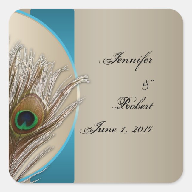 Modern Taupe Aqua Peacock Feather Envelope Seal (Front)
