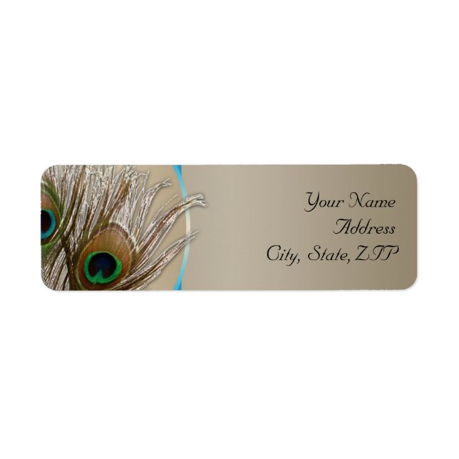 Modern Taupe Aqua Peacock Feather Return Address (Front)