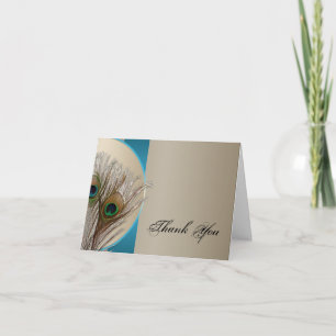 Modern Taupe Aqua Peacock Feather Thank You Card