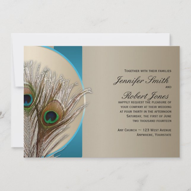 Modern Taupe Aqua Peacock Wedding Invitation (Front)