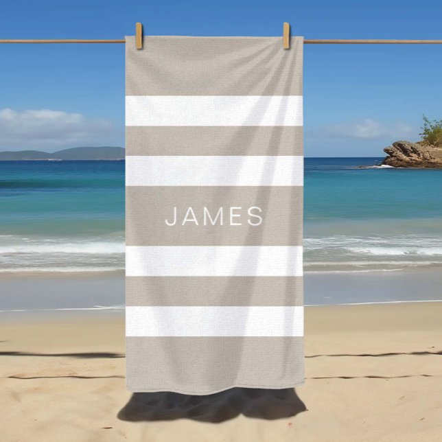 Modern Taupe Beige Striped Name Beach Towel (Modern Taupe Beige Striped Name Beach Towel)