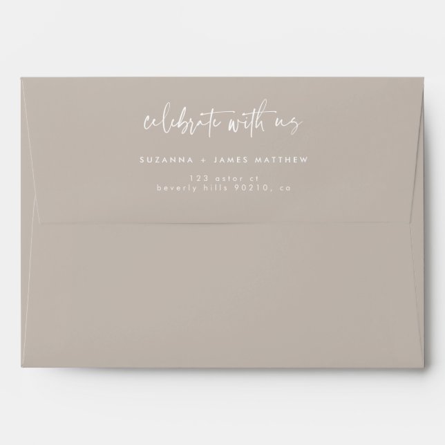 Modern Taupe Celebrate with us Script Wedding Envelope (Back (Top Flap))