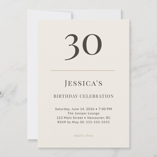 Modern Taupe & Cream 30th Birthday Celebration Invitation (Front)
