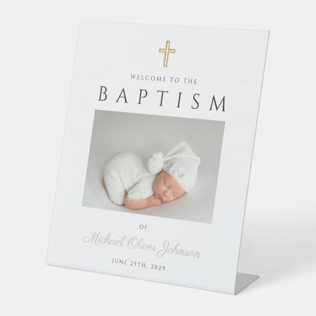 Modern Taupe Cross Photo Baptism Welcome Pedestal Sign (Front)