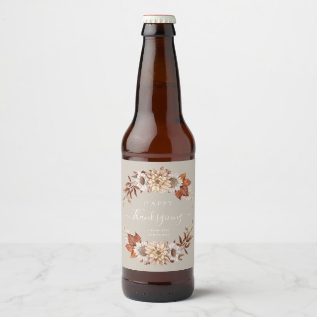 Modern Taupe Fall Leaves Happy Thanksgiving Beer Bottle Label (Front)