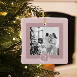 Modern Taupe   Family Photo   Initial   Ceramic Ornament
