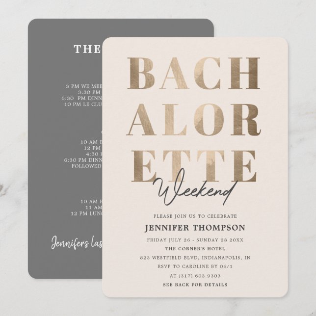 Modern Taupe & Gold Bachelorette Weekend Invitation (Front/Back)