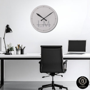 Modern Taupe Grey Monogram Office Decor Round Clock