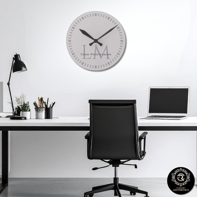 Modern Taupe Grey Monogram Office Decor Round Clock (Modern Taupe Gray Monogram Office Decor Round Clock)