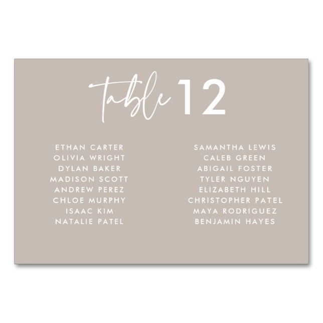 Modern Taupe Handwritten Script Names Wedding  Table Number (Front)