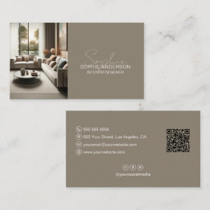 Modern Taupe Interior Designer Photo QR Business Card