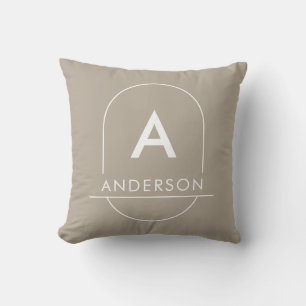Modern Taupe Minimalist Family Last Name Monogram Cushion