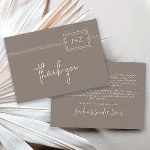 Modern Taupe Minimalist Monogram Wedding Thank You Card