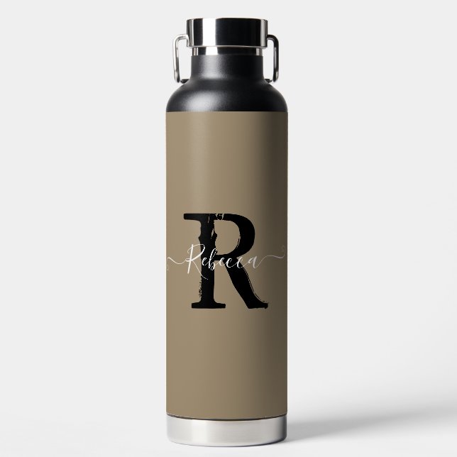 Modern Taupe Monogram Script Name  Water Bottle (Front)