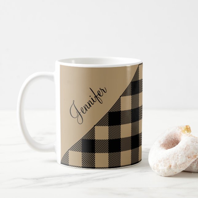 Modern Taupe Plaid Check Pattern Name Coffee Mug (With Donut)