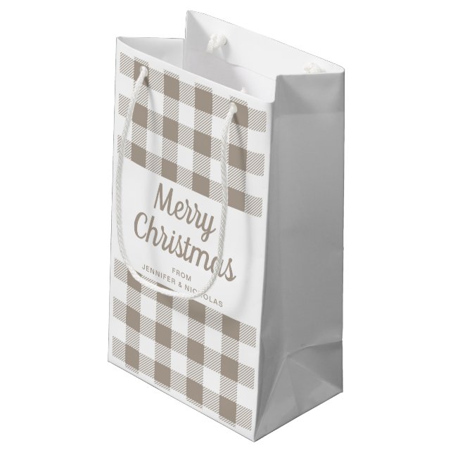 Modern Taupe Plaid Merry Christmas Small Gift Bag (Back Angled)