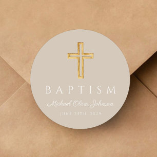 Modern Taupe Religious Cross Baptism Classic Round Sticker