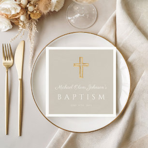 Modern Taupe Religious Cross Baptism Napkin