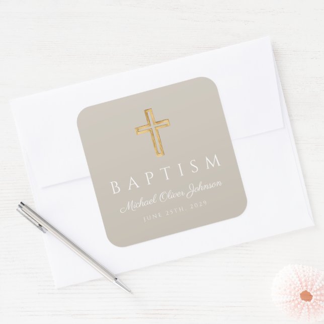 Modern Taupe Religious Cross Baptism Square Sticker (Envelope)