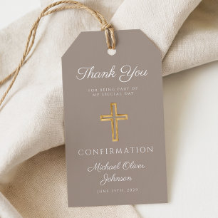 Modern Taupe Religious Cross Boy Confirmation Gift Tags
