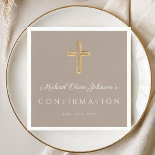 Modern Taupe Religious Cross Boy Confirmation Napkin