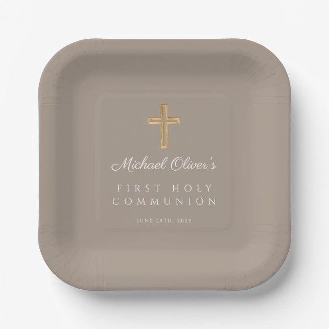 Modern Taupe Religious Cross First Communion Paper Plate (Front)